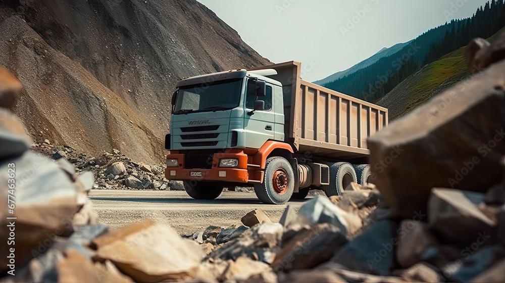 truck on the road, A truck with a body filled with rubble and stones  