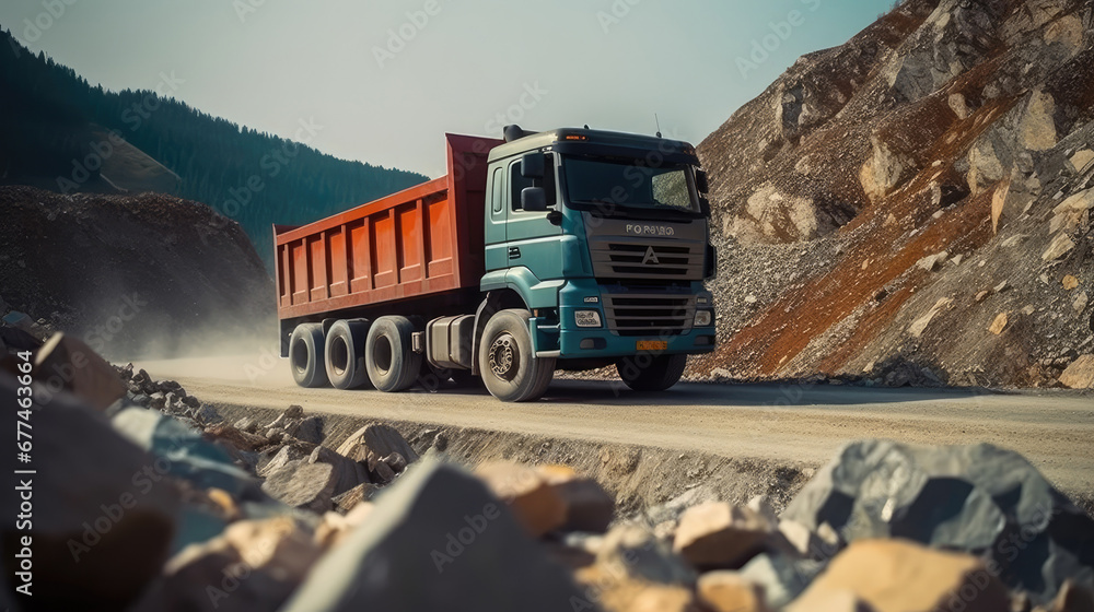 truck on the road, A truck with a body filled with rubble and stones  