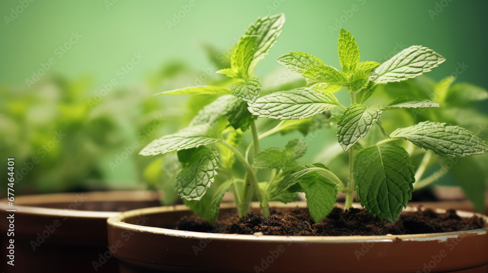 Green peppermint herb growing in pot, Fresh mint plant growing at home in the pot, indoor gardening