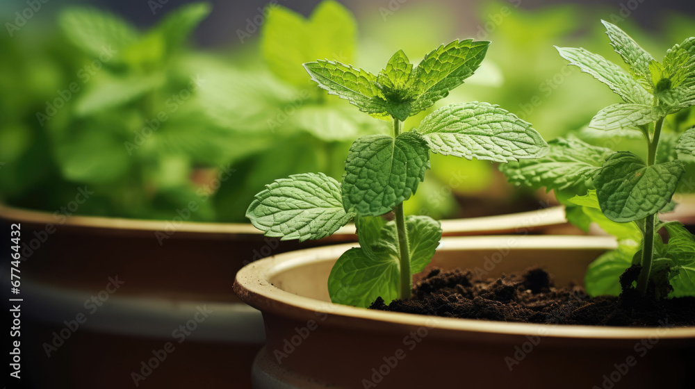 Green peppermint herb growing in pot, Fresh mint plant growing at home in the pot, indoor gardening