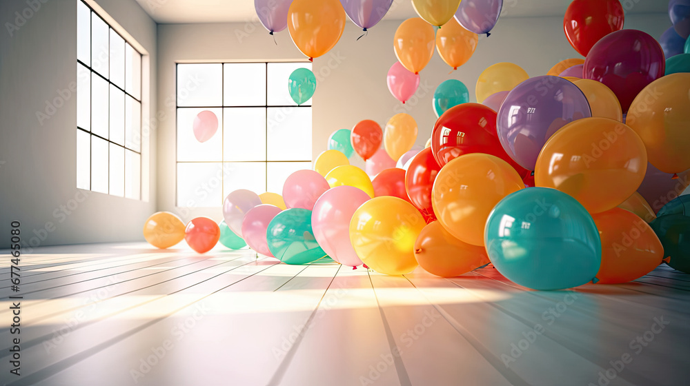 happy birthday party, Empty Room Interior with Group of Multicolored Balloons