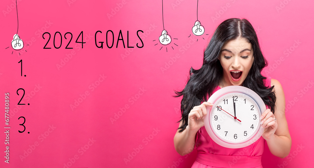 2024 goals with young woman holding a clock showing nearly 12