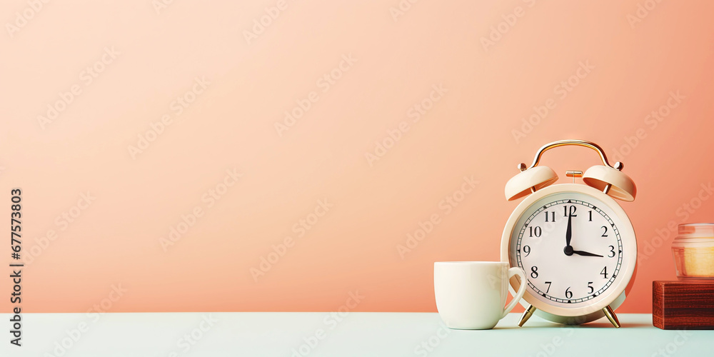 Vintage alarm clock and cup of hot coffee on the uniform pastel backdrop with a copy space. Generative AI