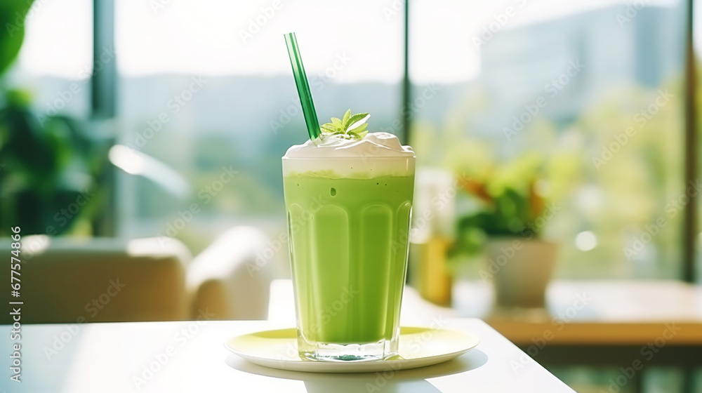 Closeup of iced matcha latte in a stylish glass on sunny background in front of the window in a cafe. Generative AI