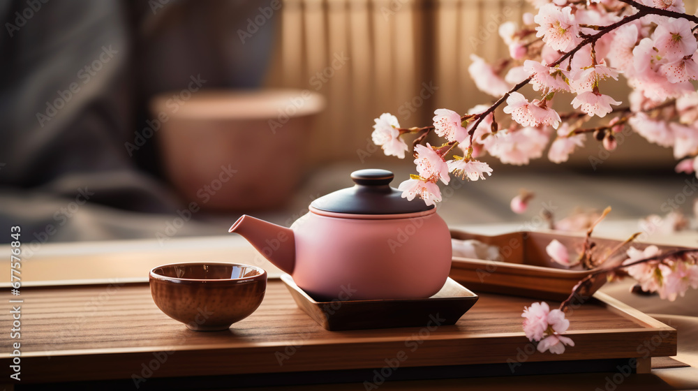 Tea ceremony, traditional teapot and ceramic cups on wooden tray on dark background with sakura blossoms. Generative AI