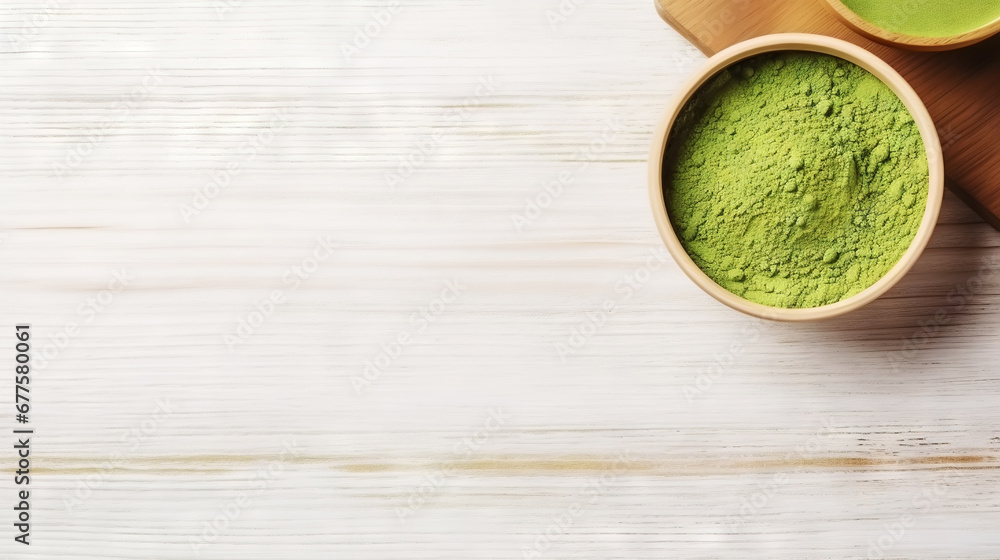 Matcha tea powder in a wooden plate on light wooden background with whisk, top view, copy space. Generative AI