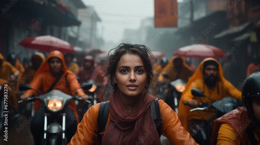 Hundreds of women on the street of India taking part in a motorcycle rally enjoying the ride in a rainy day.