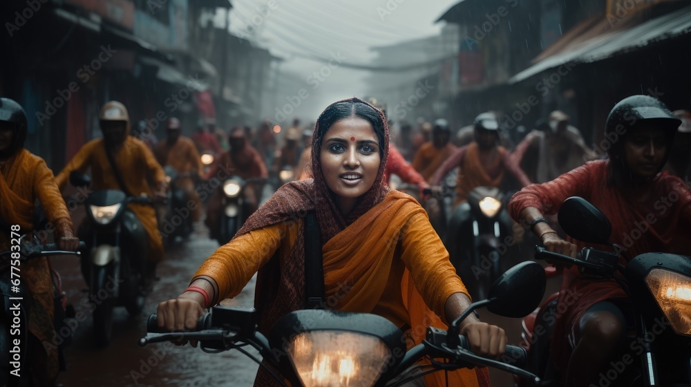 Hundreds of women on the street of India taking part in a motorcycle rally enjoying the ride in a rainy day.