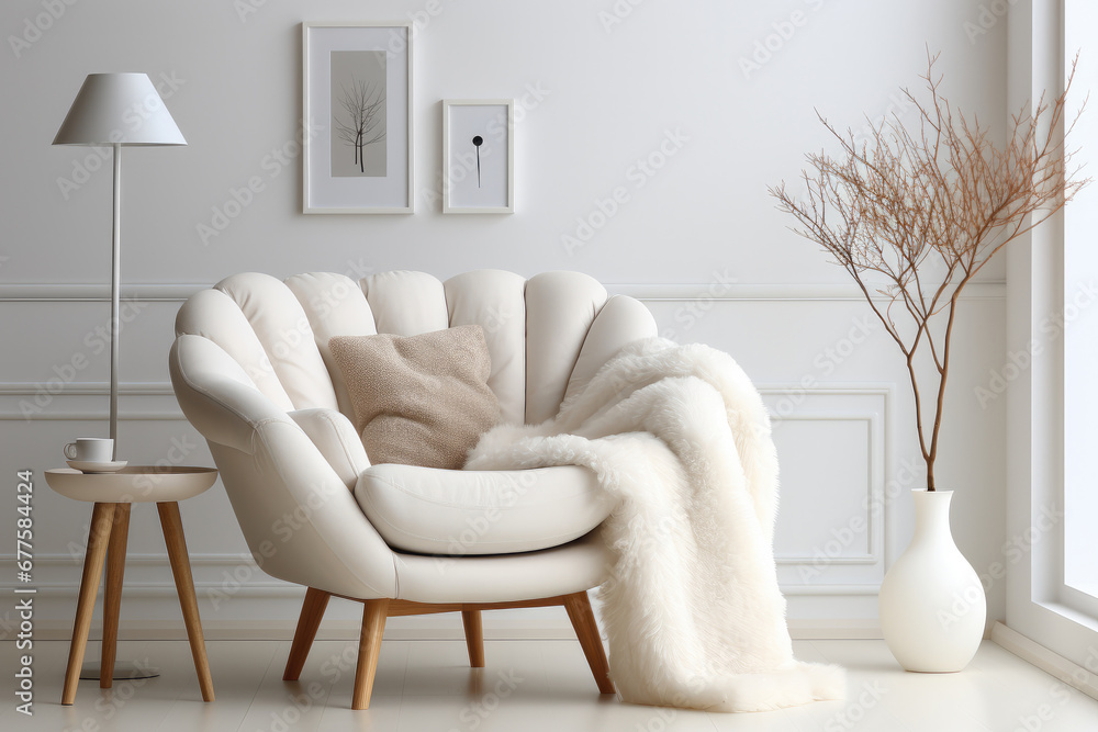 Cosy chair in a modern minimalistic Scandinavian style white room.