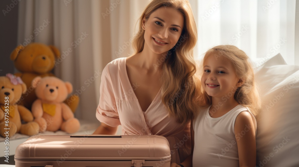 Happy mother with children packing suitcases in a bright room at home.