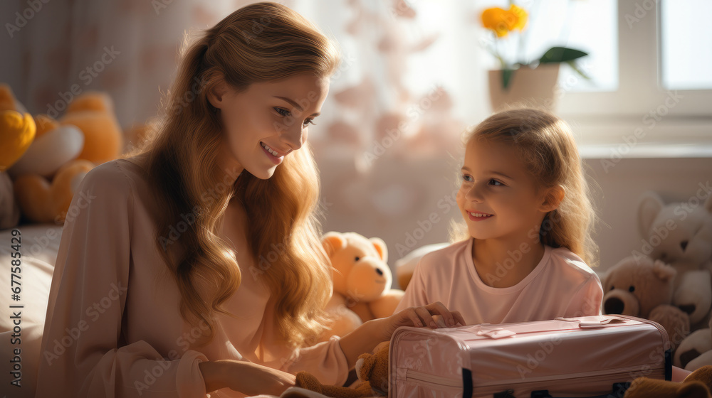 Happy mother with children packing suitcases in a bright room at home.