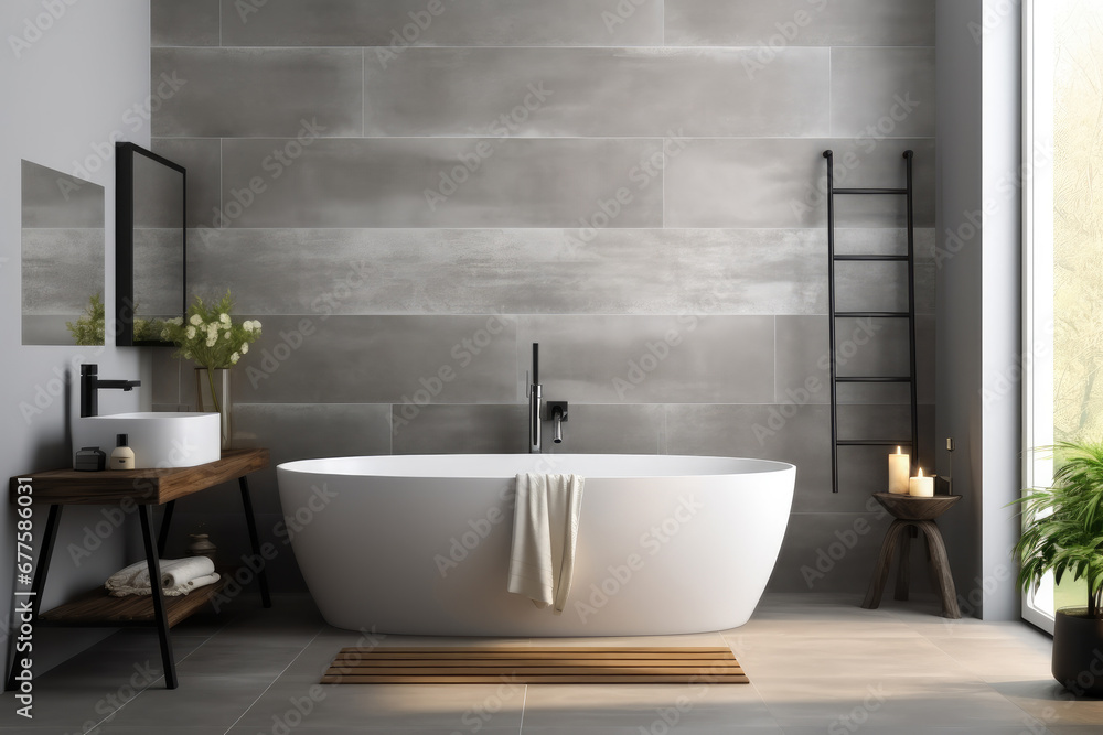 A small gray bathtub and grey wall tiles in a bathroom.