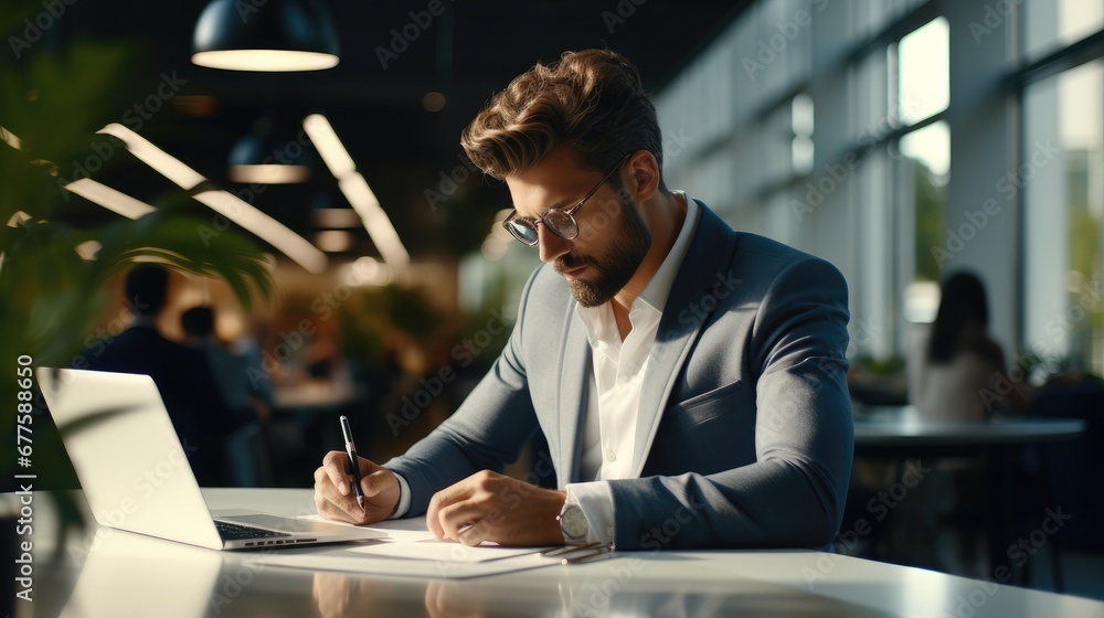 Businessman sitting at desk writing in notebook in modern office.