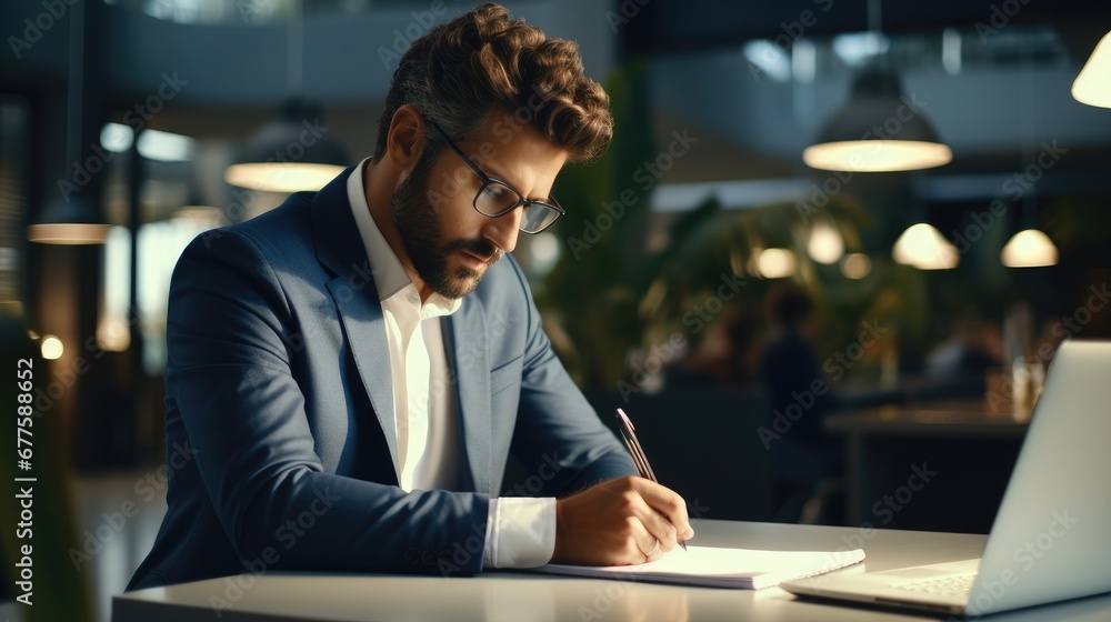 Businessman sitting at desk writing in notebook in modern office.