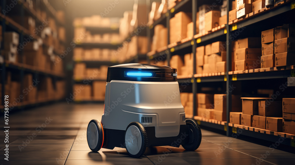 Delivery robot parked in modern warehouse with stacks of goods in shelves and waiting for transport and shipment.