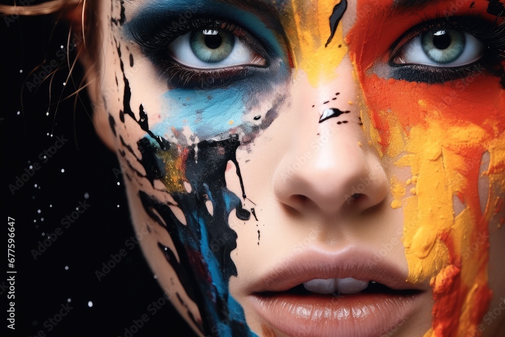 A close up portrait of face woman is drawing something with paint, Fashion model woman face with fantasy art make-up.