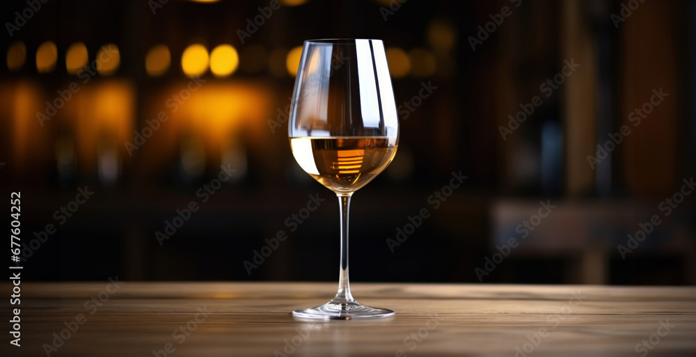 Elegant glass of white wine on blurred bar background. Wine industry concept. Generative AI