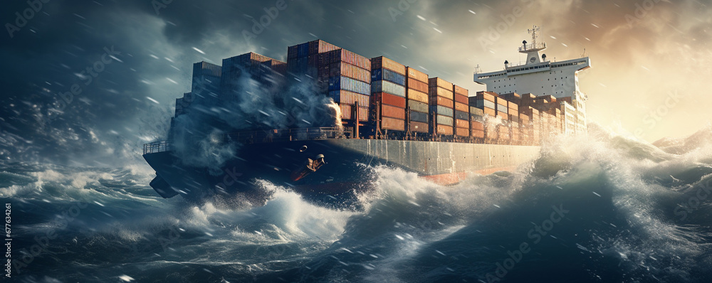 Cargo ship liner with containers on board in storm sea under sun