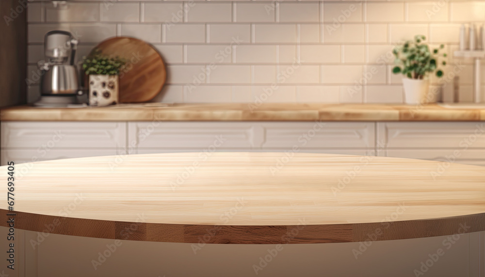 Empty beautiful round wood tabletop counter on interior in clean and bright kitchen background.