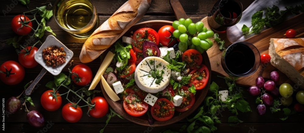 The top view of a summer table showcases a vibrant green salad adorned with fresh vegetables and ripe tomatoes complemented by a background of health conscious choices like homemade bread a