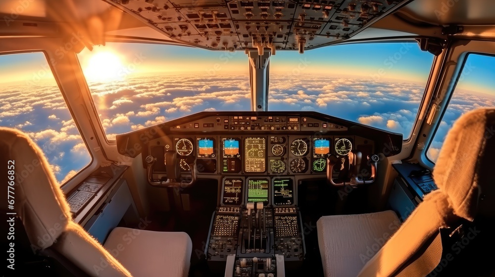 Cockpit of a jet airliner in flight.