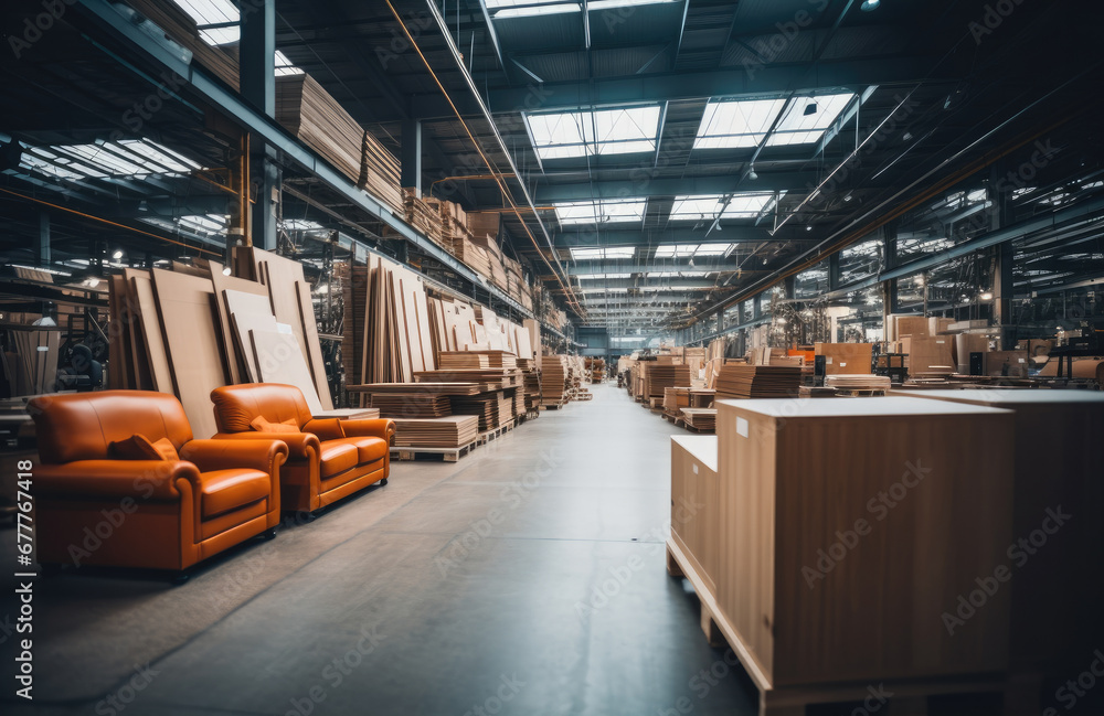 Furniture factory, inside a large furniture and interior wood items building factory.