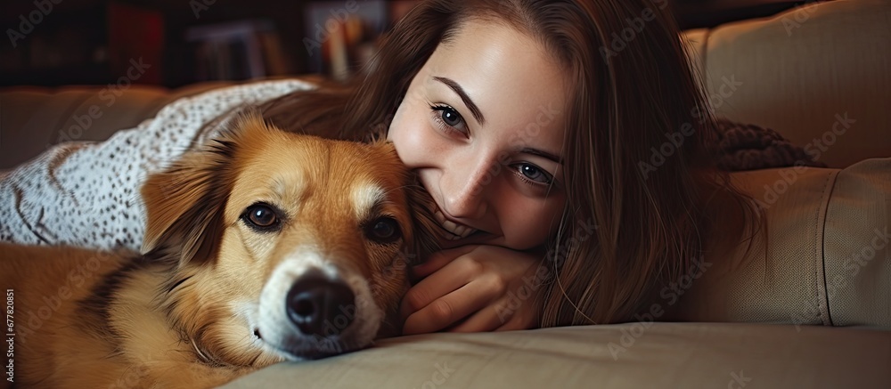 The beautiful dog curled up on the couch seeking a cuddle from the woman Its mutt features and wagging tail showcased a happy and adorable personality With its tongue out the dog was caught 