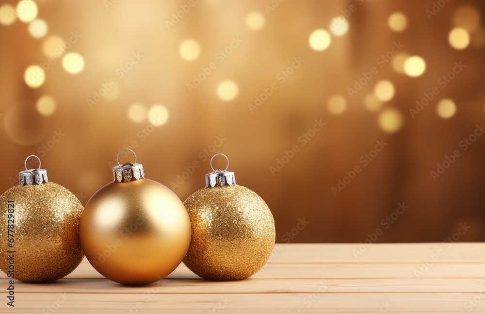 three christmas decorations hanging on a golden background