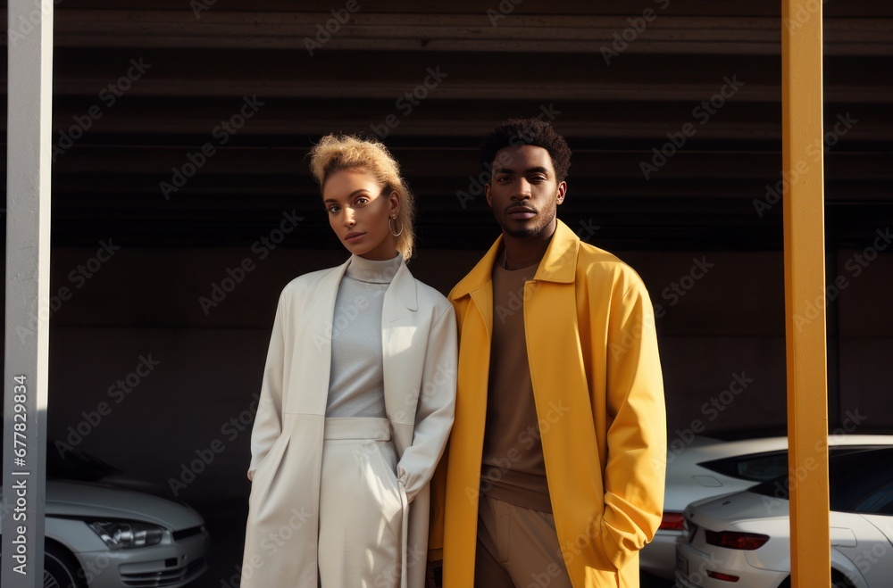 young happy couple standing in a parking lot together