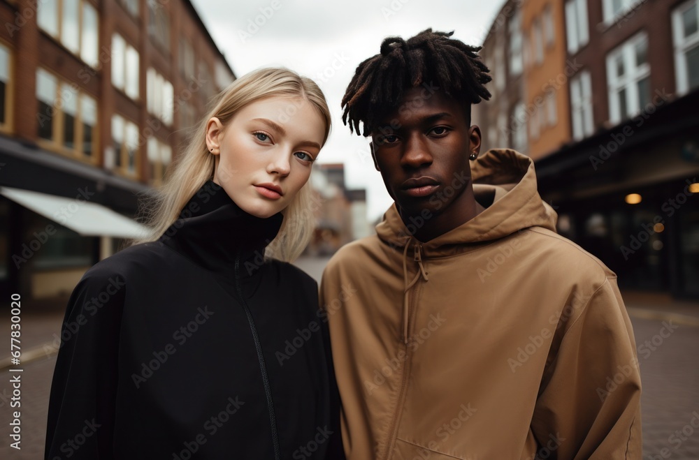 young fashion couple in black and beige clothing