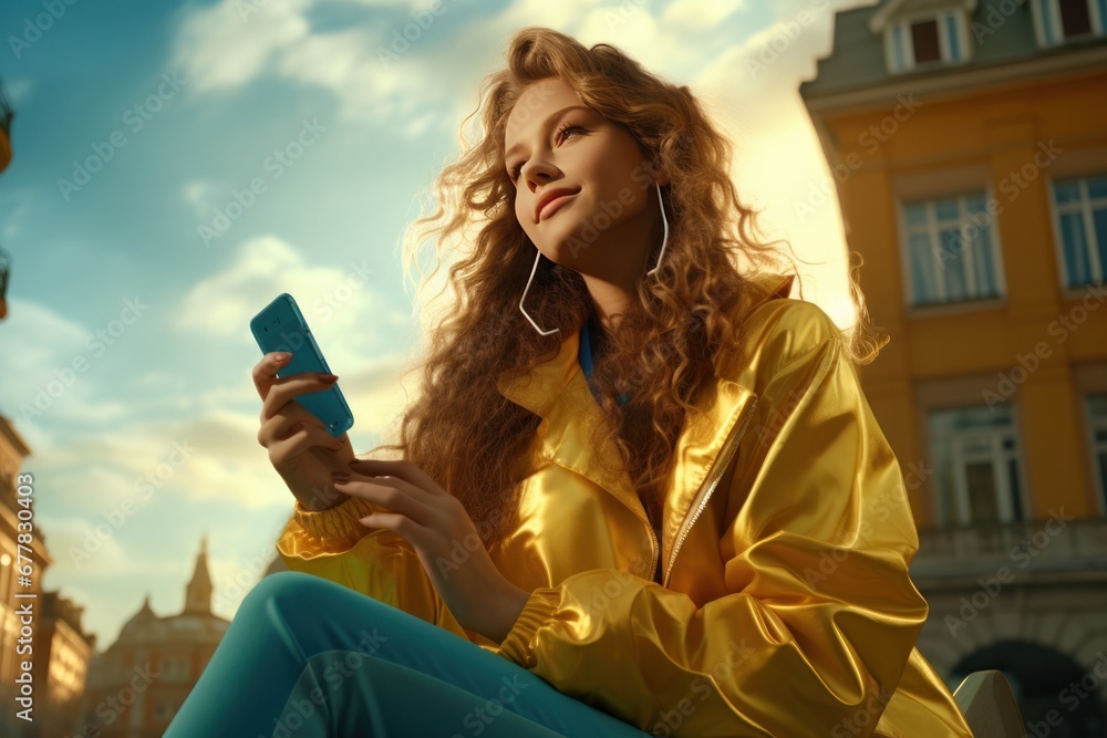 girl dressed in yellow jacket talking on cell phone sitting outdoors in city,