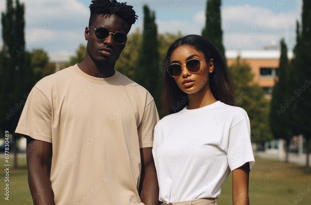 black woman with brown eyed man, tan tshirt and jeans standing in park