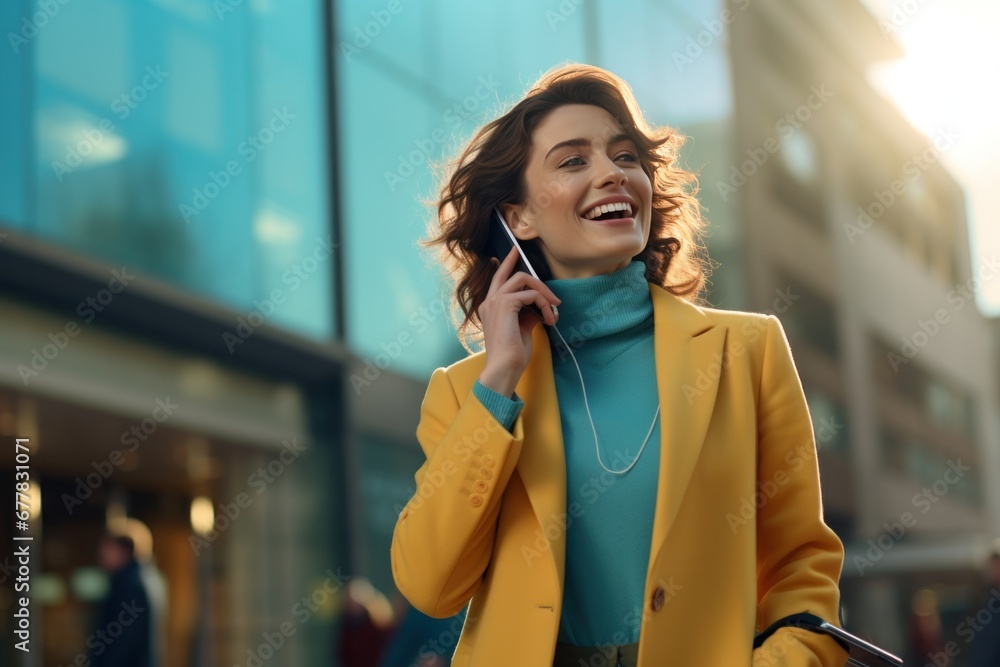 young woman talking on a phone in an urban setting