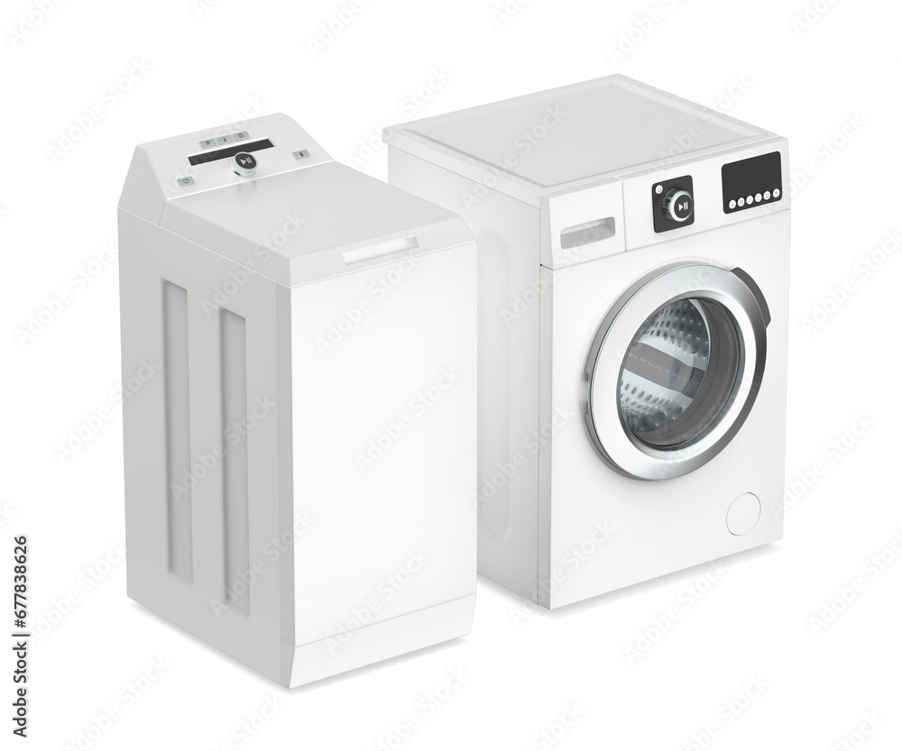 Front and top load washing machines on white background