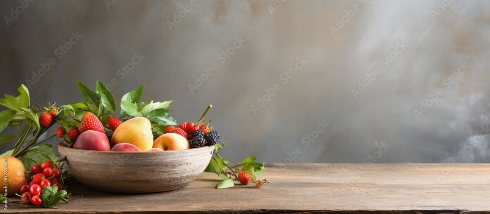 The vintage wood table with its old and weathered background sat elegantly spa a white clay bowl filled with fresh fruits displayed on top view representing growth and wellbeing The wooden 