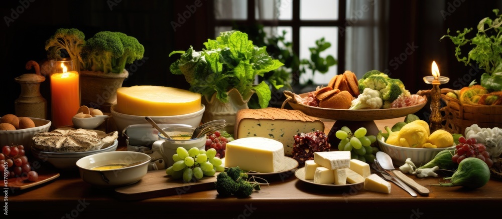 cozy background of a home a beautifully set table boasted a delectable spread of healthy cuisine green vegetables yellow cheese and creamy cake It was a gourmet meal fit for a food lover