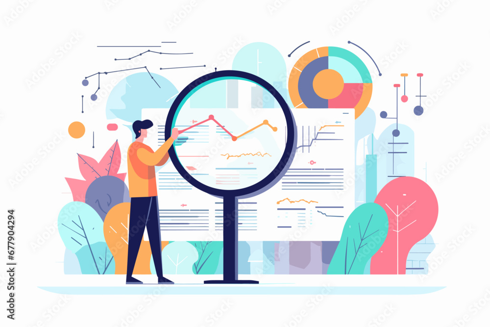 Data analytics, financial research and predictive visualization. Magnifying glass on pie chart data by businessman. Concept of chart and graph diagrams and database reporting.