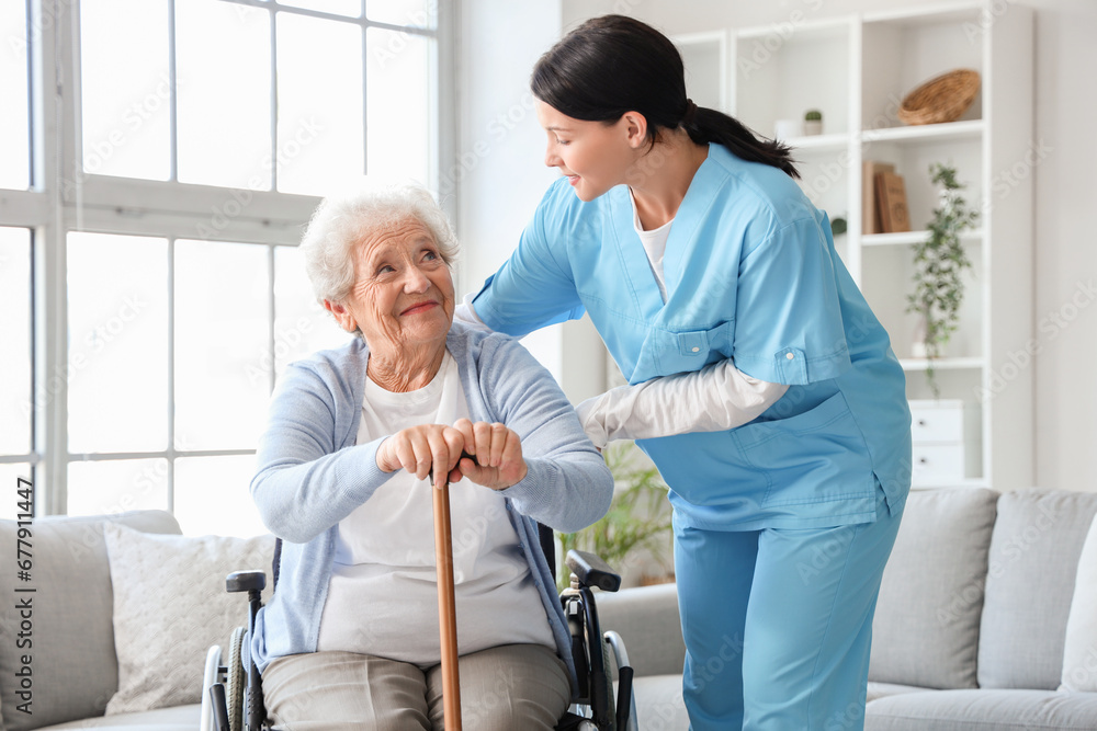 Senior woman in wheelchair with stick and nurse at home