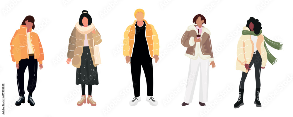 Set of young people in stylish winter clothes on white background