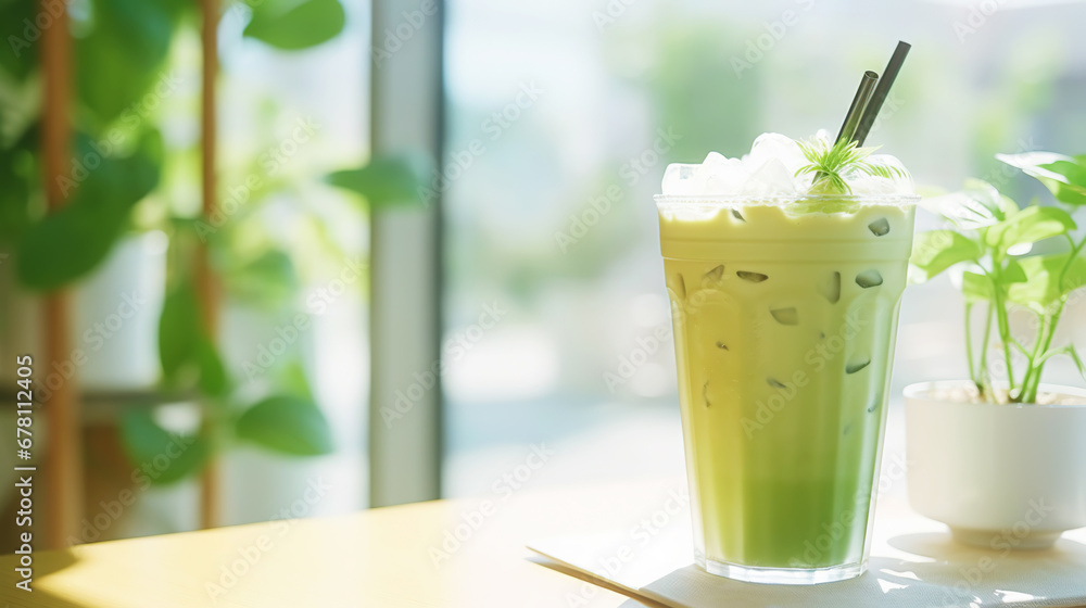 Closeup of iced matcha latte in a stylish glass on sunny background in front of the window in a cafe. Generative AI