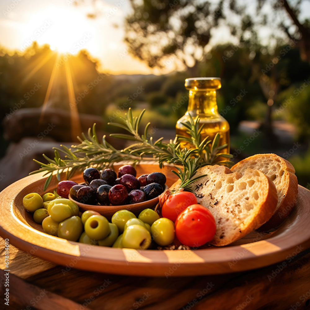 Mediterranean brunch with delicious tomatoes, ciabatta, olives, rosemary and cheese in an olive garden. Generative AI