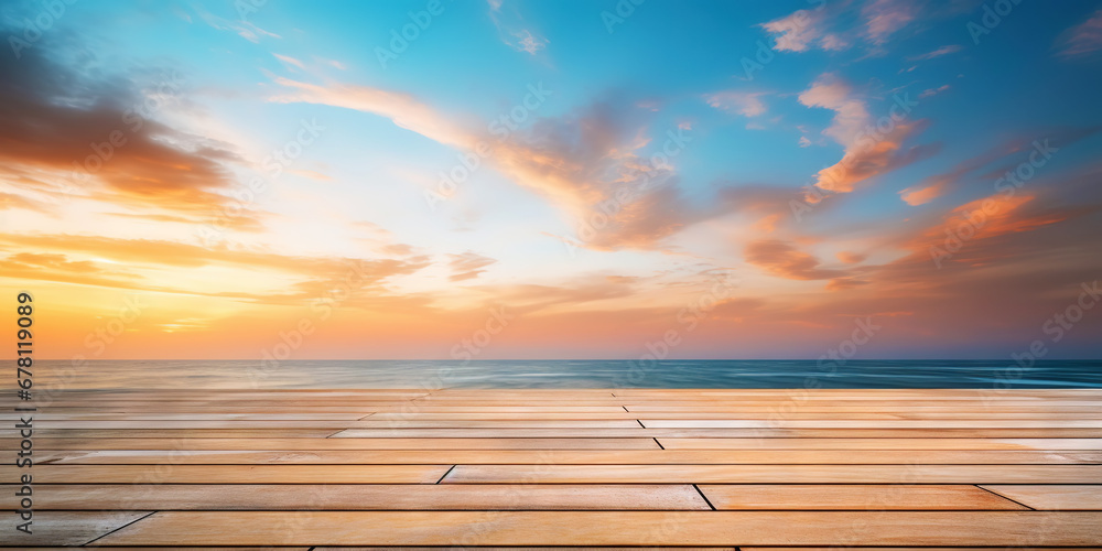 Wood table mockup with sunrise majestic sky background. Empty copy space for product presentation. Generative AI