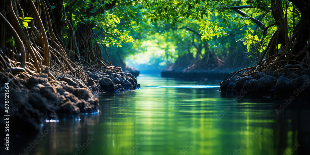 Mangrove forest and calm river in the morning. Minimalist landscape. Generative AI