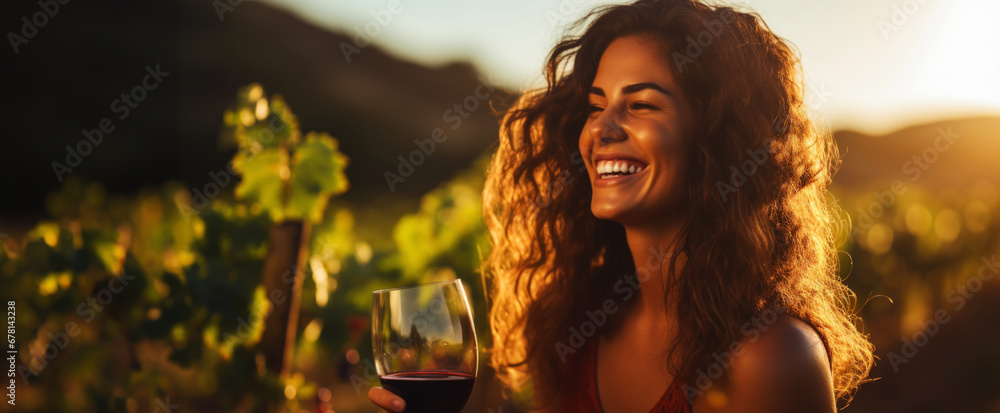 Portrait of a beautiful smiling girl with a glass of wine with a blurred backdrop of vineyard on a sunset. Generative AI