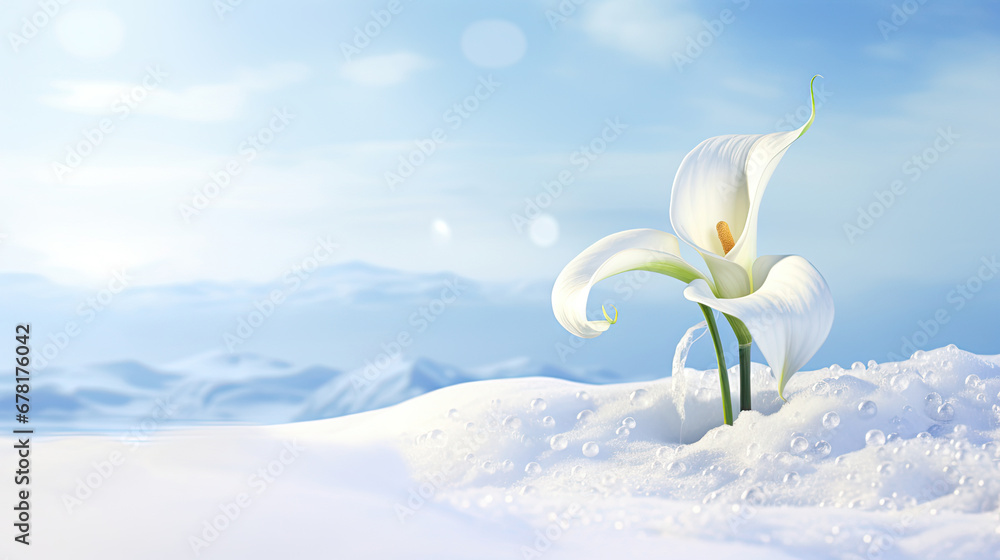 spring flowers in snow, A white calla lily sending off snowflakes over a serene winter landscape