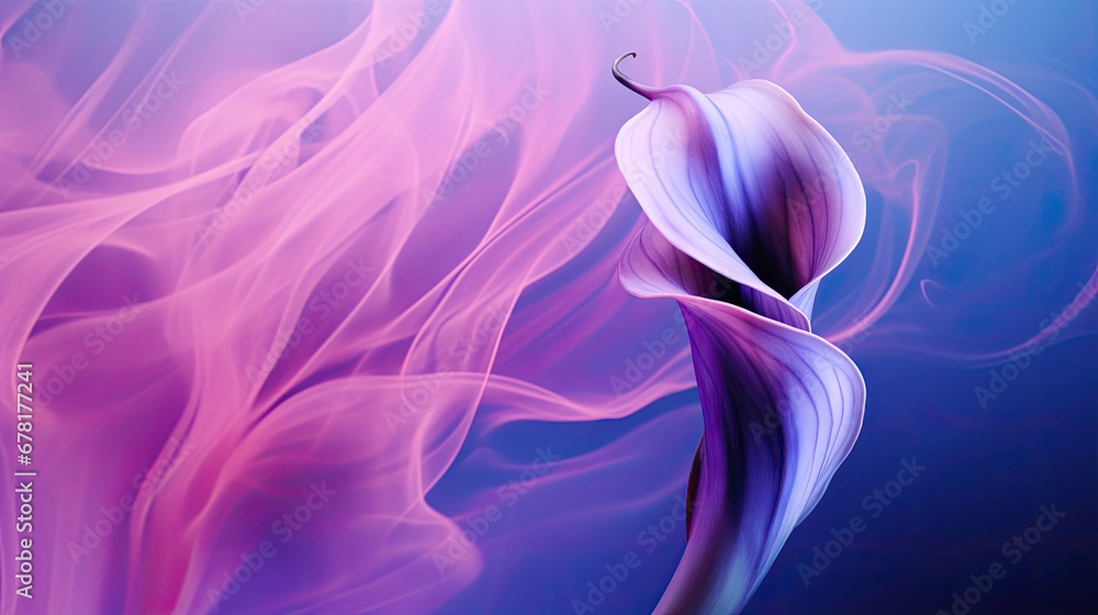 purple smoke and A purple calla lily on blue background