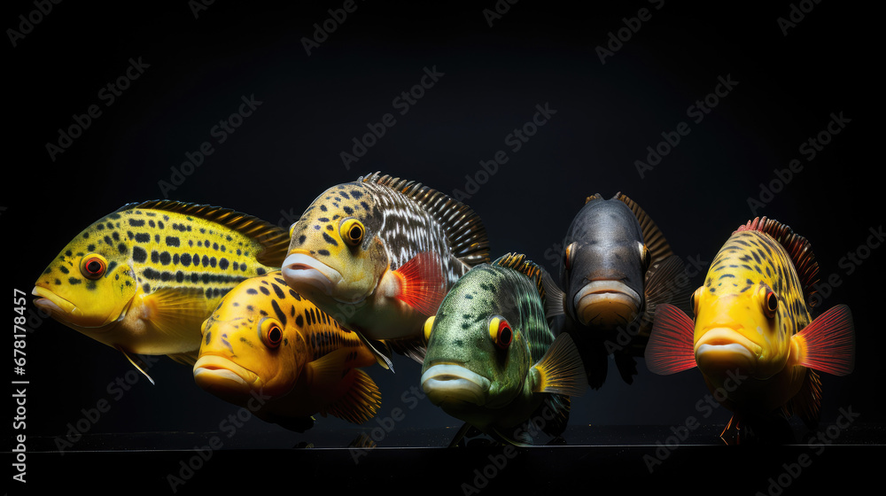 fish in aquarium, yellow fish, Cichlids fish, a group of fish