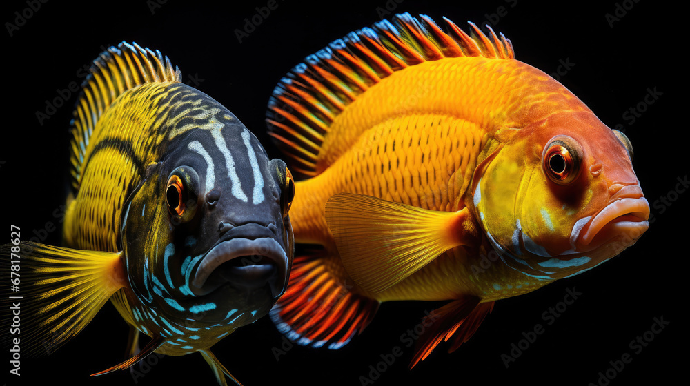 fish in aquarium, yellow fish, Cichlids fish, a group of fish