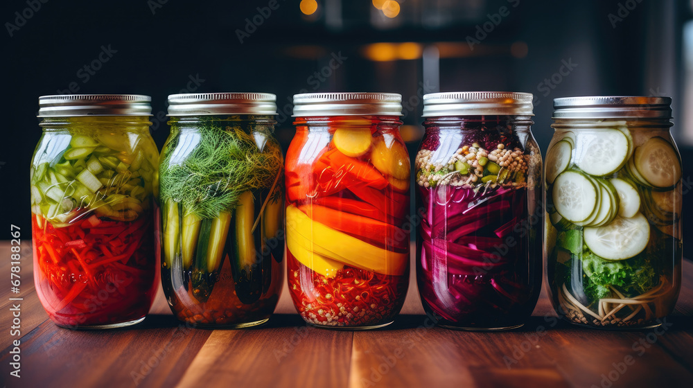 Fermented food, shot from above with copy space. Homemade vegetable preserves. Sauerkraut, pickles, kimchi etc in glass jars. Healthy probiotic diet.Fermented vegetables in jars