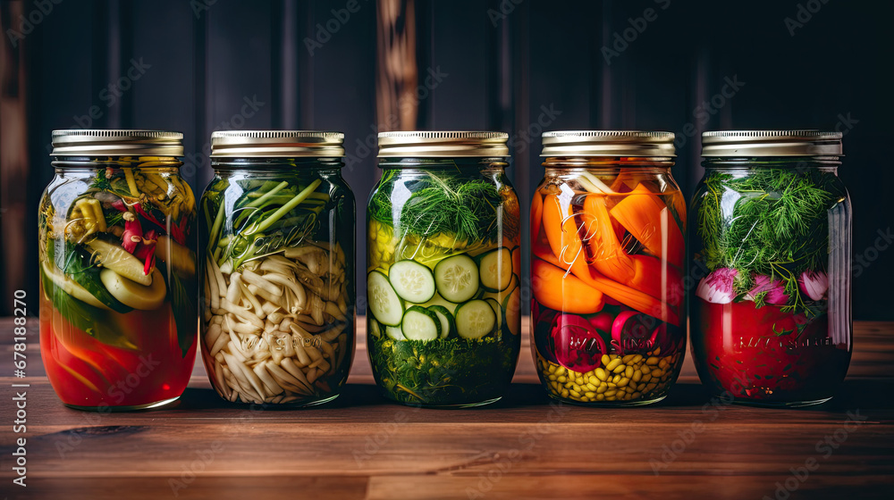 Fermented food, shot from above with copy space. Homemade vegetable preserves. Sauerkraut, pickles, kimchi etc in glass jars. Healthy probiotic diet.Fermented vegetables in jars